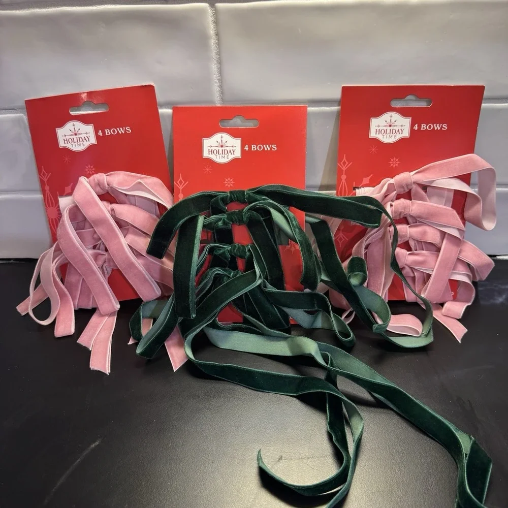 12 Pc Luxury Velvet Christmas‎ Bows For Tree or Packages Pink And Green NEW